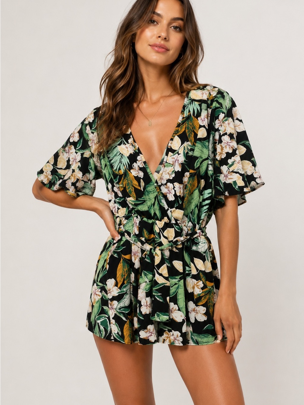 Floral Wrap Romper in Black with Green Leaves-MEDIUM